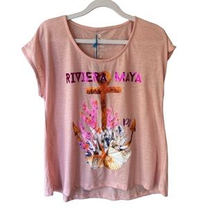 Mayan Riviera Pink Orange Graphic Cap Sleeve T-Shirt women’s M Resort